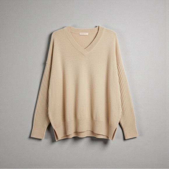 Pink Lily Sweaters - Pink Lily Oversized Tan Knit Sweater | V-Neck Cozy Pullover